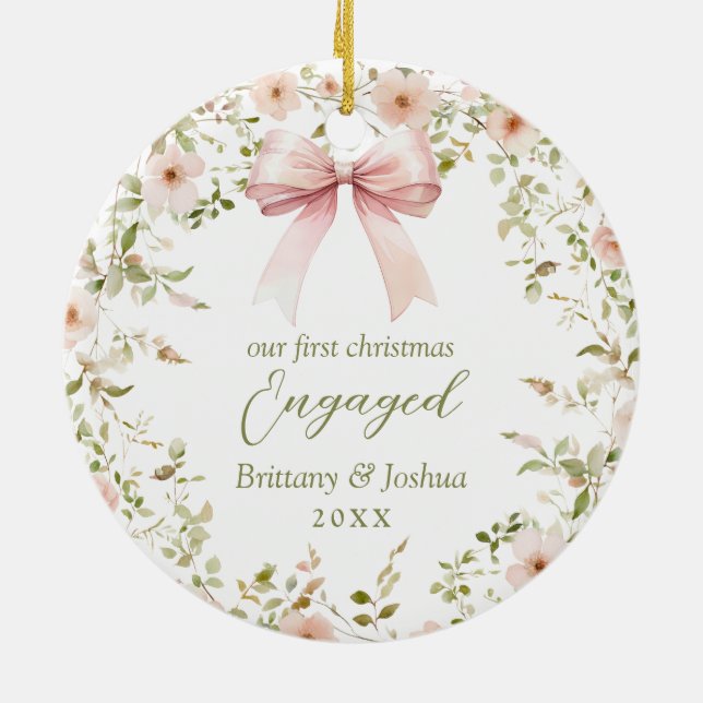 Pink Floral Girly Coquette 1st Christmas Engaged Ceramic Ornament (Back)