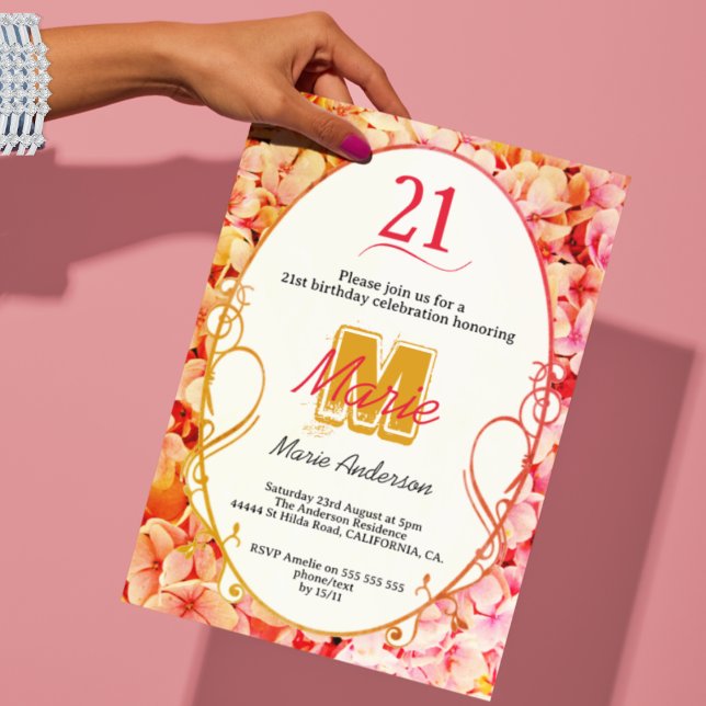 Pink Floral Girly Modern Elegant 21st Birthday Invitation (Creator Uploaded)
