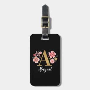 Pink Floral Girly Monogram Letter A Initial Luggage Tag