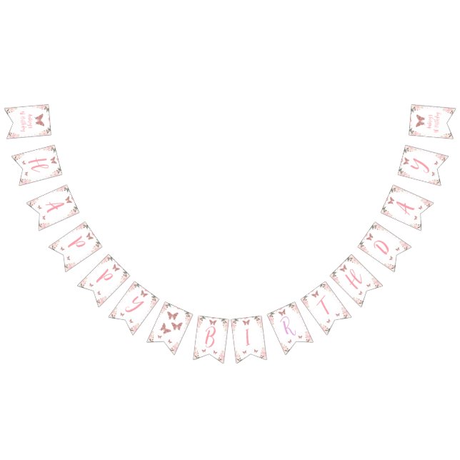 Pink Floral Glitter Butterfly Birthday Banner (All)