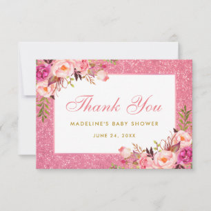 Pink Floral Glitter Gold Baby Shower Thanks Invitation