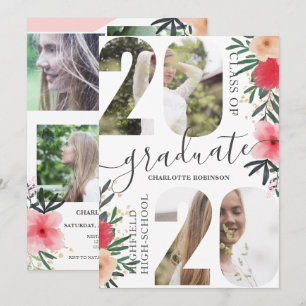 Pink floral glitter script 5 photo 2020 graduation invitation