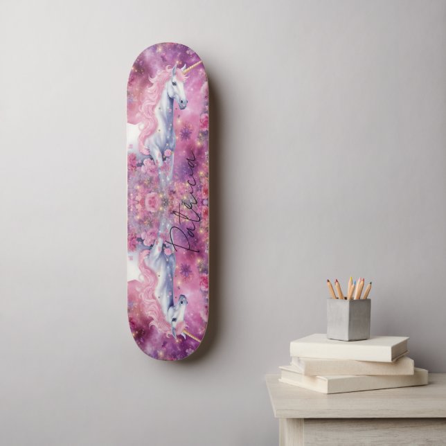 Pink Floral Glitter Unicorn Rainbow Colours Girly Skateboard (Wall Art)