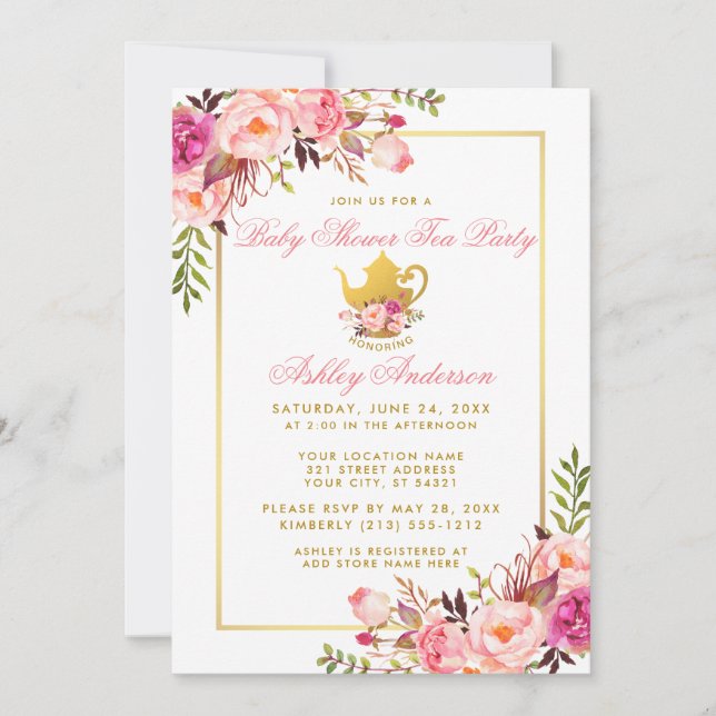 Pink Floral Gold Baby Shower Tea Party Invite (Front)