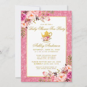 Pink Floral Gold Baby Shower Tea Party Invite P
