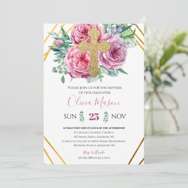 Pink Floral Gold Baptism Invitation (Standing Front)