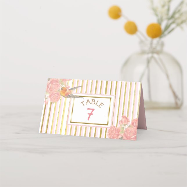 PInk Floral Gold Bird Wedding Table Number Place Card (Front)