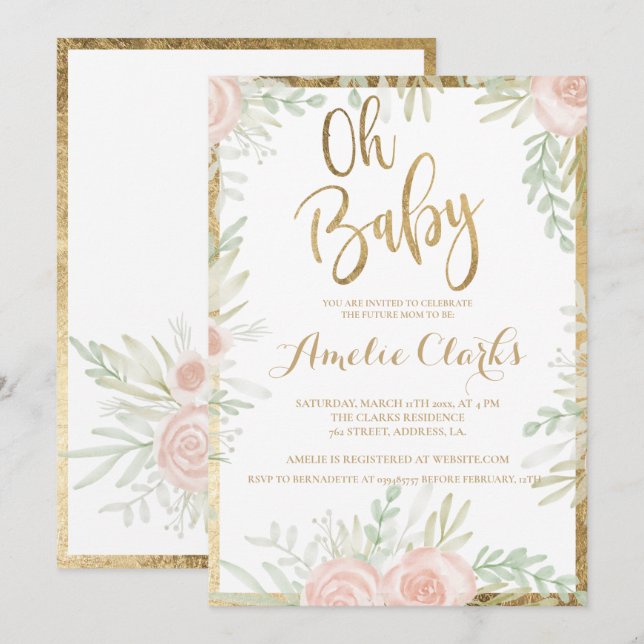 Pink floral gold border chic white Baby Shower Invitation (Front/Back)