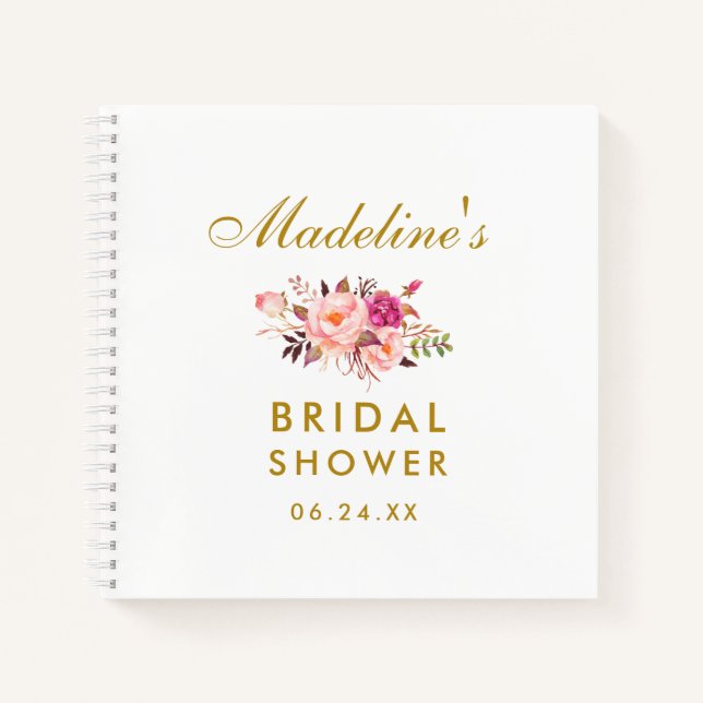 Pink Floral Gold Bridal Shower Gift List Square Notebook (Front)