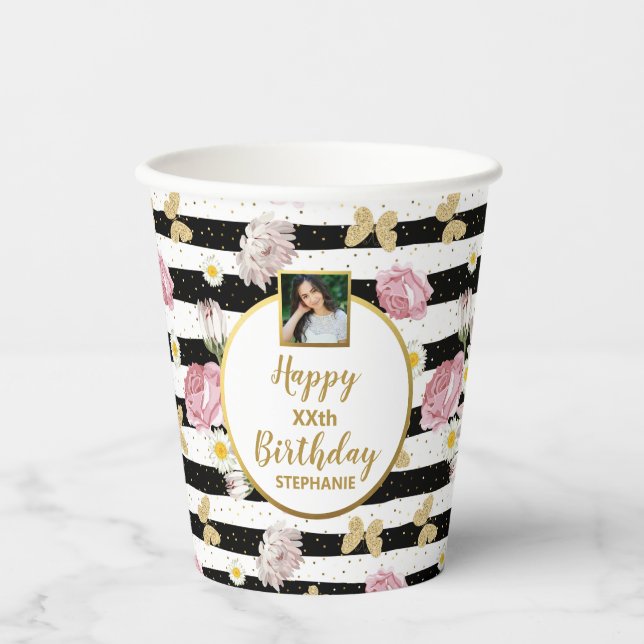 Pink Floral Gold Butterfly Custom Photo Birthday Paper Cups (Front)