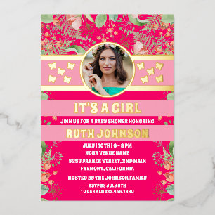 Pink Floral Gold Butterfly Girl Baby Shower Photo