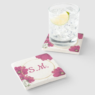 Pink Floral Gold Circle  Stone Coaster