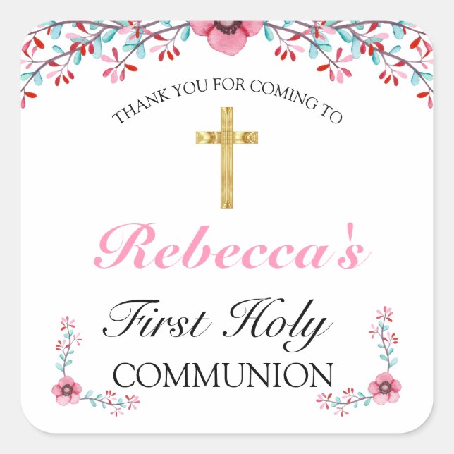 Pink Floral Gold Cross First Communion Thank You Square Sticker (Front)