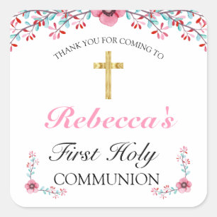 Pink Floral Gold Cross First Communion Thank You Square Sticker