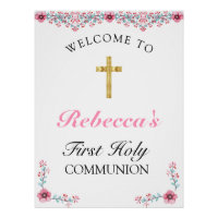 Pink Floral Gold Cross First Communion Welcome