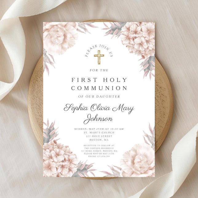 Pink Floral Gold Cross Religious First Communion Invitation (Pink Floral Gold Cross Religious First Communion Invitation)