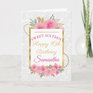 Pink Floral Gold Elegant Sweet Sixteen Card