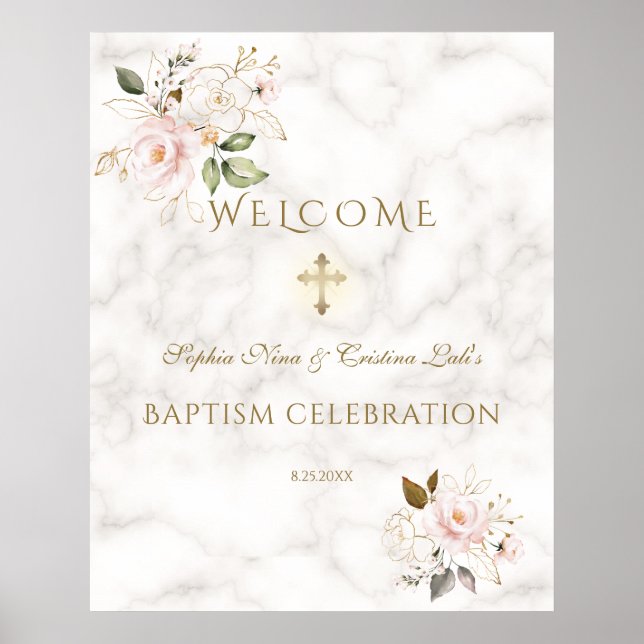 Pink Floral Gold Frame Baptism Welcome Sign (Front)