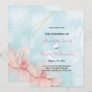 Pink floral gold frame blue watercolor Wedding Invitation