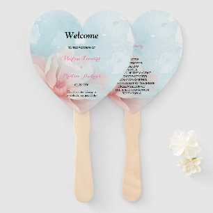 Pink floral gold frame blue watercoWedding Program Hand Fan