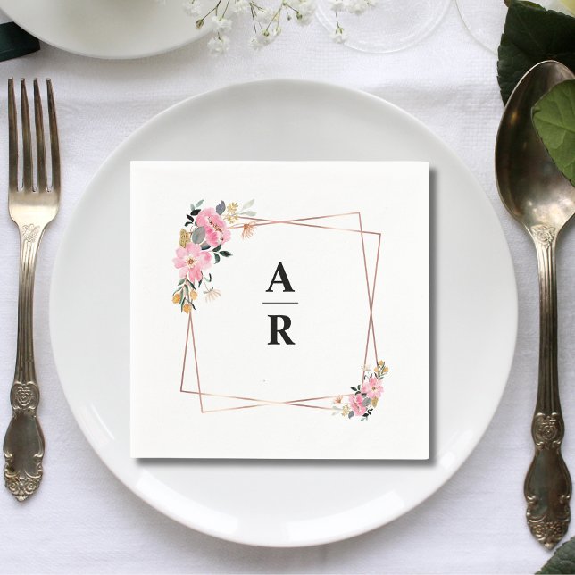 Pink Floral Gold Geometric Frame Wedding Initials Napkin (Creator Uploaded)