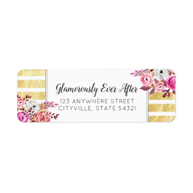 Pink Floral & Gold Glam Aquarelle Adresse de retou (Devant)