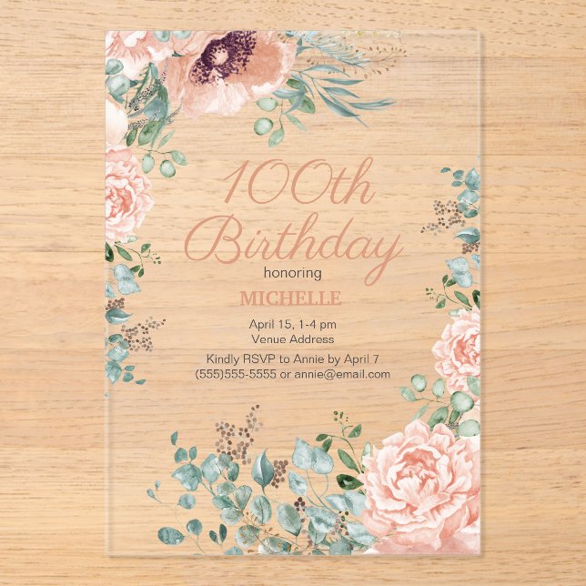 Pink Floral Gold Glitter 100th Acrylic Birthday Acrylic Invitations (Front)