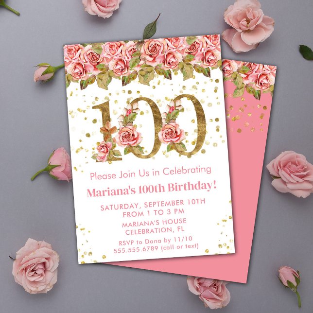 Pink Floral Gold Glitter 100th Birthday Party Invitation (Creator Uploaded)