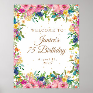 Pink Floral Gold Glitter 75th Birthday Welcome  Poster