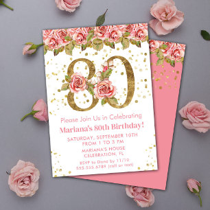 Pink Floral Gold Glitter 80th Birthday Party Invitation