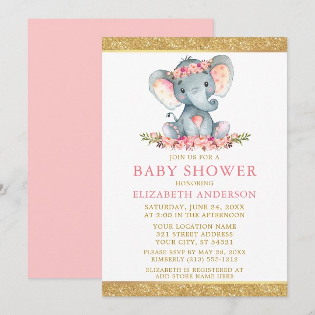 Pink Floral Gold Glitter Baby Shower Elephant Invitation (Front/Back)