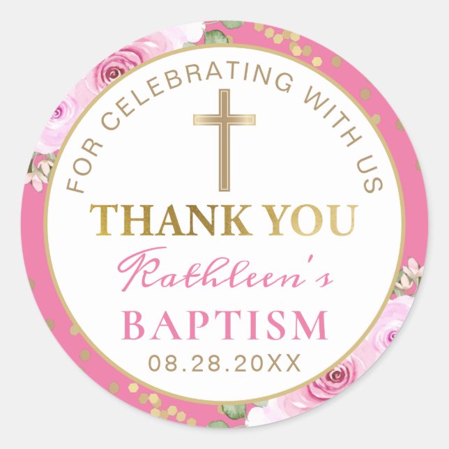 Pink Floral Gold Glitter Baptism Thank You Classic Round Sticker (Front)