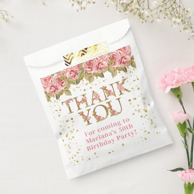 Pink Floral Gold Glitter Birthday Party Favour Bag (Sealed)