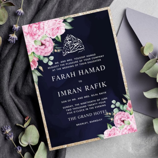 Pink Floral Gold Glitter Blue Muslim Wedding Invitation (Creator Uploaded)