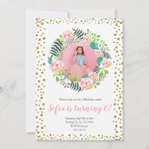 Pink Floral Gold Glitter Confetti   Girl Birthday Invitation