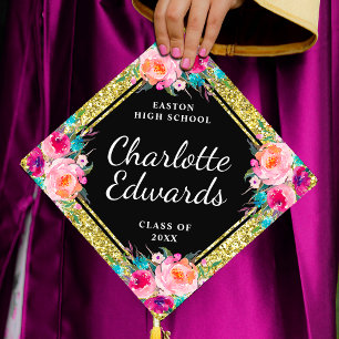 Pink Floral Gold Glitter Name Year School Graduation Cap Topper