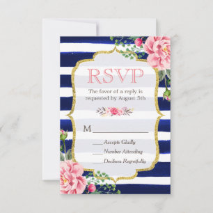 Pink Floral Gold Glitter Navy Blue Striped RSVP Card