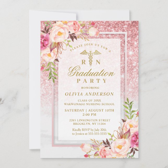 Pink Floral Gold Glitter Nursing School Graduation Invitation (Front)