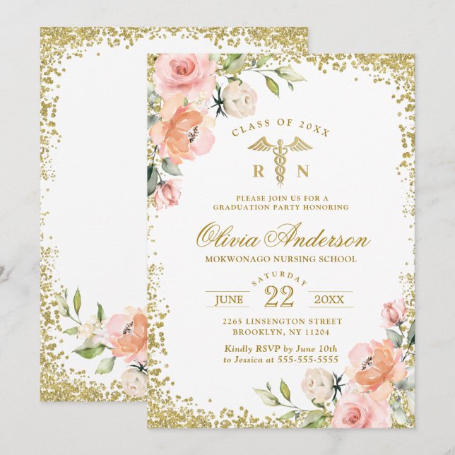 Pink Floral Gold Glitter Nursing School Graduation Invitation (Front/Back)