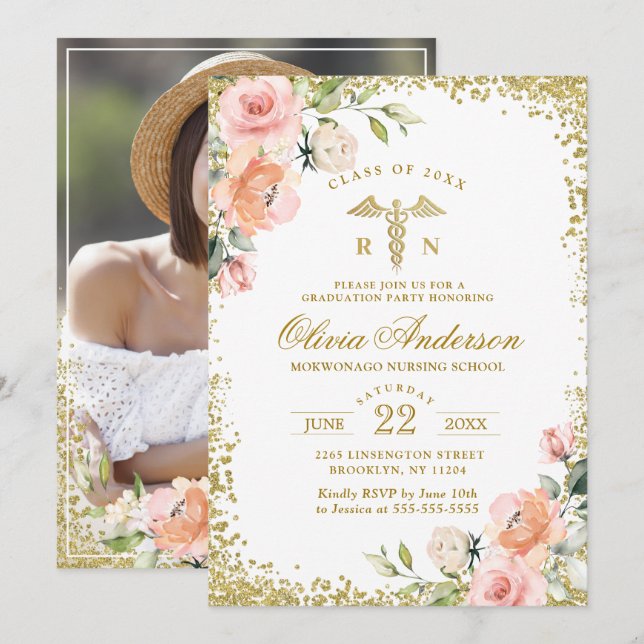 Pink Floral Gold Glitter Nursing School Graduation Invitation (Front/Back)