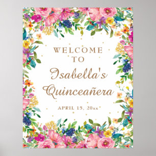 Pink Floral Gold Glitter Quinceañera Welcome Poster