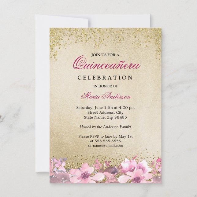 Pink Floral Gold Glitter Shimmer Quinceanera Invitation (Front)