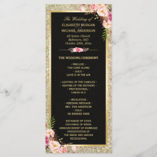 Pink Floral Gold Glitter Sparkling Wedding Program