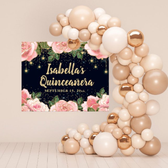 Pink Floral Gold Glitter Stars Black Quinceañera Poster (Creator Uploaded)
