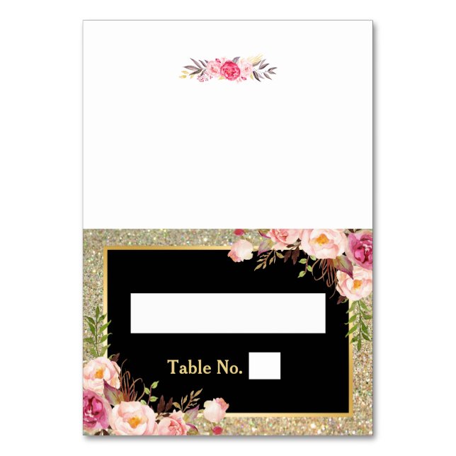 Pink Floral Gold Glitter Stripes Wedding Place Table Number (Front)