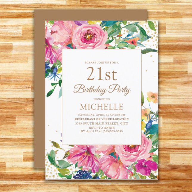 Pink Floral Gold Glitter Women's 21st Birthday Invitation (Pink, yellow, and blue watercolor floral with gold glitter women's 21st birthday party invitation)