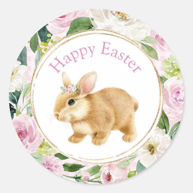 Pink Floral & Gold Happy Easter Bunny Classic Round Sticker (Front)