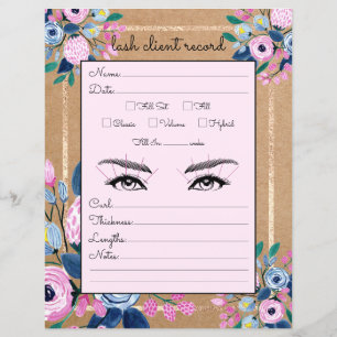 Pink Floral Gold Kraft Paper Lash Client Record