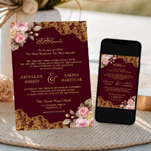 Pink Floral Gold Lace Burgundy Muslim Wedding Invitation