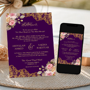Pink Floral Gold Lace Purple Muslim Wedding Invitation